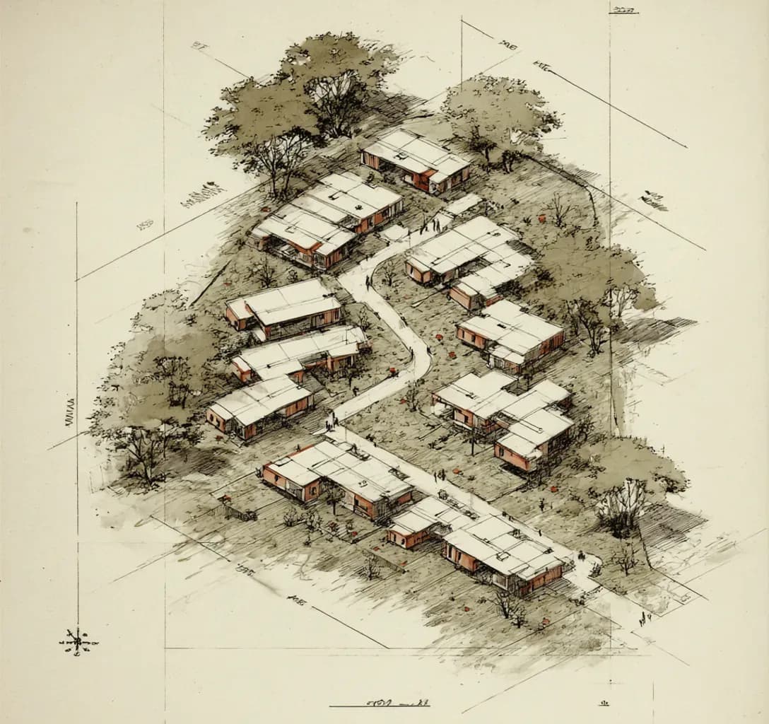 Asebu site plan — community-scale prefab development blueprint